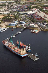 Cargo Prints: Brazil, Amazonas, Mercosul container ship at the dock on the Rio Negro in Manaus in