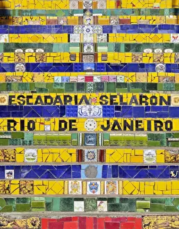 Santa Teresa Prints: Brazil, City of Rio de Janeiro, Detailed view of the Selaron Steps connecting Lapa