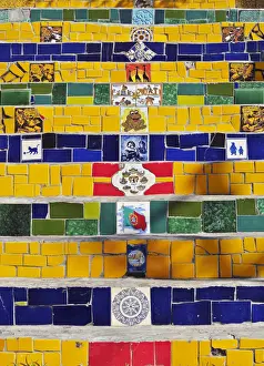 Brazil, City of Rio de Janeiro, Detailed view of the Selaron Steps connecting Lapa