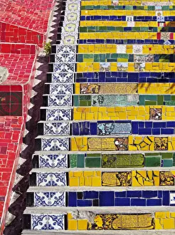 Brazil, City of Rio de Janeiro, Detailed view of the Selaron Steps connecting Lapa