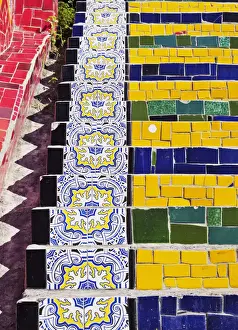 Brazil, City of Rio de Janeiro, Detailed view of the Selaron Steps connecting Lapa