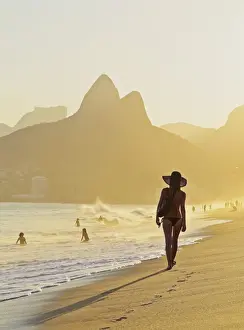 Girl Prints: Brazil, City of Rio de Janeiro, Ipanema Beach and Morro Dois Irmaos at sunset