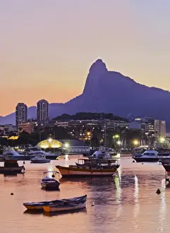 Jesus Christ Prints: Brazil, City of Rio de Janeiro, Sunset over Botafogo Bay and Corcovado Mountain viewed