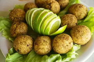 Pastel Prints: Brazil, food, a petisco (snack) of bolinhos de bacalhau or Pasteis de bacalhau - cod