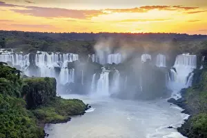 Brazil, Parana state, sunrise over the Iguacu or Iguazu falls as photographed