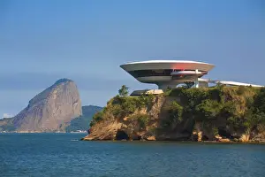 Brazil, Rio De Janeiro, Niteroi, Modern Art musuem designed by arcitect Oscar Niemeyer