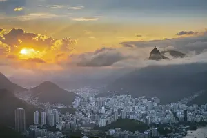 Americas Prints: Brazil, Rio de Janeiro. Urban skyline and landscape with Christ statue