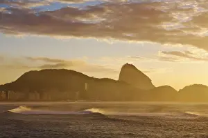 Brazil, Rio De Janeiro, View of Sugar Loaf at sunrise from Copacabana