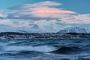 Mountain Peak Prints: Breaking waves of the rough arctic sea, Tromso, Troms og Finnmark, Norway