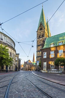 Bremen, Bremen State, Germany. Old towns tram rails and St. Peters cathedral