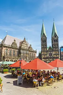 Marktplatz Prints: Bremen, Bremen State, Germany. People eating out in Marktplatz in front of the Town Hall