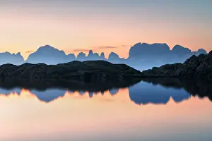 Italian Lake Prints: Brenta dolomites at dawn reflected in Lago Nero di Cornisello, Trentino Alto Adige, Italy