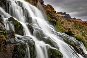Old Man Prints: Bride's Veil Falls, with Old Man of Storr in the distance
