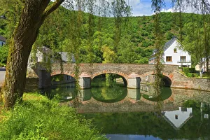 Bridge at Esch-sure-Sure with castle, Kanton Wiltz, Luxembourg