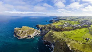 Bridge to ruins of legendary Camelot Castle of King Arthur, Tintagel Island, Tintagel