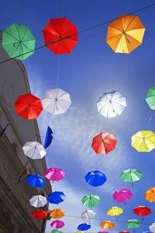 Cover Prints: Brightly coloured floating umbrellas, Genoa, Liguria, Italy