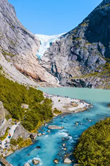 Western Norway Prints: Briksdalsbreen glacier, Sogn og Fjordane, Norway. Tourists admiring the glacier