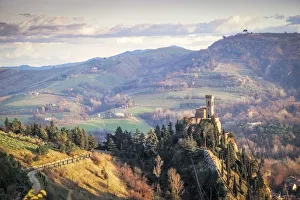 Emilia Prints: Brisighella, Ravenna, Emilia Romagna, Italy, Europe. The clocktower on the hill