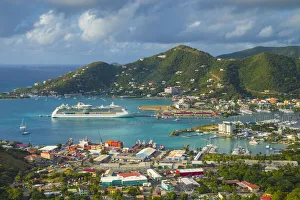 British Virgin Islands, Tortola, Road Town, elevated town view with cruiseship