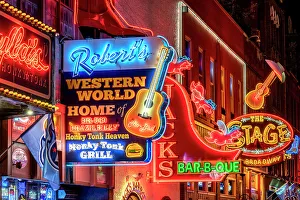 Nashville Prints: Broadway Street with Bars and Stores, Neonsigns, Nashville, Tennessee, USA