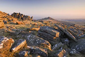 Moorland Prints: Broken granite rocks on Belstone Common at dawn, Dartmoor National Park, Devon, England