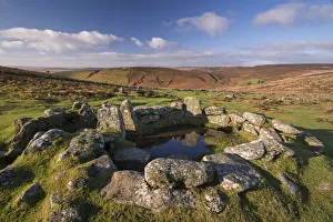 Bronze Age hut circle in Grimspound, Dartmoor National Park, Devon, England. Winter