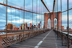Brooklyn Bridge Prints: Brooklyn Bridge at sunrise, Brooklyn, New York City, New York, USA