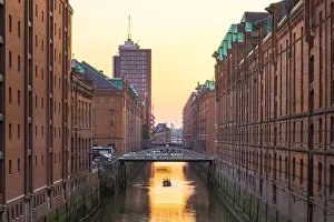 Industrial Prints: Brooksfleet canal in Speicherstadt warehouse district in late afternoon, HafenCity