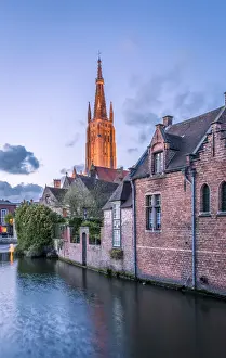 Brugge Prints: Bruges, Belgium, Europe. Church of Our Lady illumiated after sunset