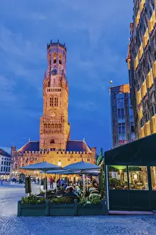 Flemish Region Prints: Bruges town hall and Belfort (Beffroi) and Markt Hall illuminated by night