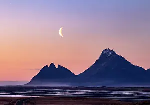 Southeast Iceland Prints: Brunnhorn (Batman Mountain), at dawn with crescent moon, near Stokksnes, Southeast Iceland