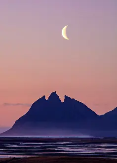 Southeast Iceland Prints: Brunnhorn (Batman Mountain), at dawn with crescent moon, near Stokksnes, Southeast Iceland