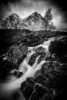 B And W Prints: Buachaille Etive Mor and the Coupall Falls, Glen Etive, Rannoch Moor, Highand, Scotland