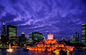 Night View Prints: Buckingham Fountain & City Skyline, Chicago, Illinois, USA
