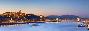 Hungarian Prints: Buda Castle, Chain Bridge and River Danube at dusk, Budapest, Hungary