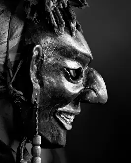 Bhutan Prints: Buddhist monk wearing ancient wooden mask, Gangte Goembe, Gangte, Bhutan, Asia