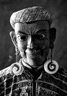 Bhutan Prints: Buddhist monk wearing ancient wooden mask, Gangte Goembe, Gangte, Bhutan, Asia