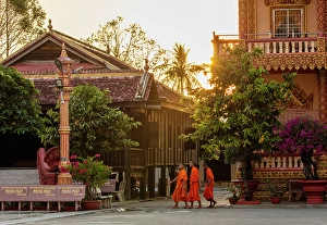 Bac Lieu Prints: Three Buddhist monks, Xien Can Pagoda, Bac Lieu, Mekong Delta, Vietnam
