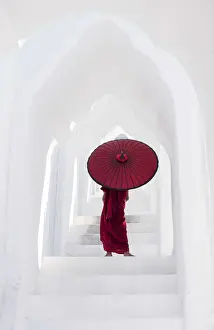 Boys Prints: A Buddhist novice monk on the steps of the white pagoda of Hsinbyume (Myatheindan)