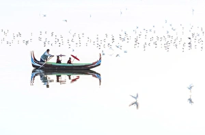 Burmese Prints: Buddhist novice monks on the Taungthaman Lake, Mandalay, Myanmar