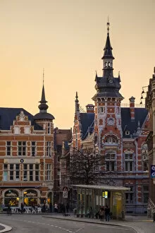 Buildings on Margarethaplein at dusk, Leuven, Flemish Brabant, Flanders, Belgium