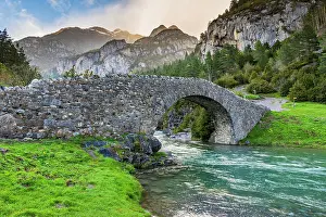 Aragon Prints: Bujaruelo romanic bridge, San Nicolas de Bujaruelo, Aragon, Spain