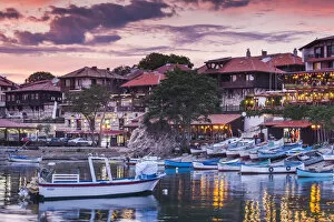 Images Dated 19th February 2015: Bulgaria, Black Sea Coast, Nesebar, waterfront restaurants, dusk