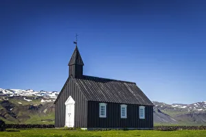Buoakirkja Black Church in Budir against clear blue sky, Snaefellsness Peninsula
