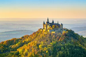 Burg Hohenzollern Castle at sunset, Bisingen, Baden-Worttemberg, Germany