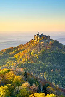 Burg Hohenzollern Castle at sunset, Bisingen, Baden-Worttemberg, Germany