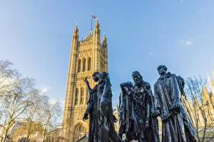 Images Dated 31st March 2020: The Burghers of Calais statue by Auguste Rodin, and the Palace of Westminster a UNESCO