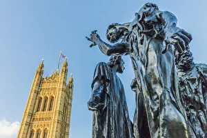 The Burghers of Calais statue by Auguste Rodin, and the Palace of Westminster a UNESCO