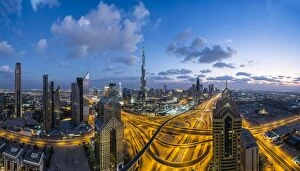 Transportation Collection: The Burj Khalifa Dubai, elevated view across Sheikh Zayed Road and Financial Centre