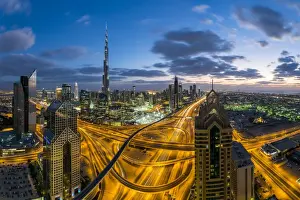 The Burj Khalifa Dubai, elevated view across Sheikh Zayed Road and Financial Centre
